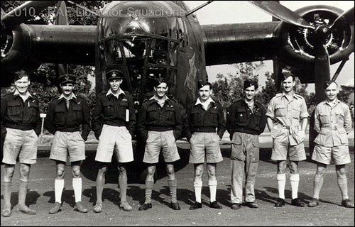 Photo was taken at Digri on 27 January 1944, the same day as the A Flight group photo in this gallery. It shows the McDougall crew of A Flight in front of BZ926, P for Pegasus, which was shot down with a different crew aboard on 29 Feb 1944. From left to Right. L.J.H. Talbot (2nd W.Op/AG) Denis Boissier (N) Roy McDougall (Pilot) Tom Morris (2nd Pilot) W. 'Ginger' McCaffrey (AG), probably J.P. 'Paddy' Goodison (AG) J. Brown (W.Op) Dennis Stokoe (AG). Picture & Text Courtesy of Matt Poole. 