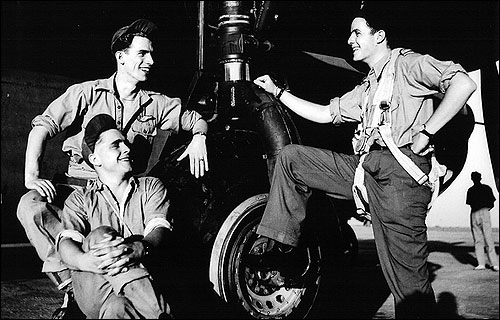 Left To Right. Sgt. B McKinnon Front Gunner Sgt. B. McFarlane Mid / Upper Gunner F/O E.R Cutlan Navigator. Taken under the wing of A/C KH-359 R-Roger in March of 1945 at Digri. Photo Courtesy of Ted Cutlan & The Canadian Air Force Photo Archive. 