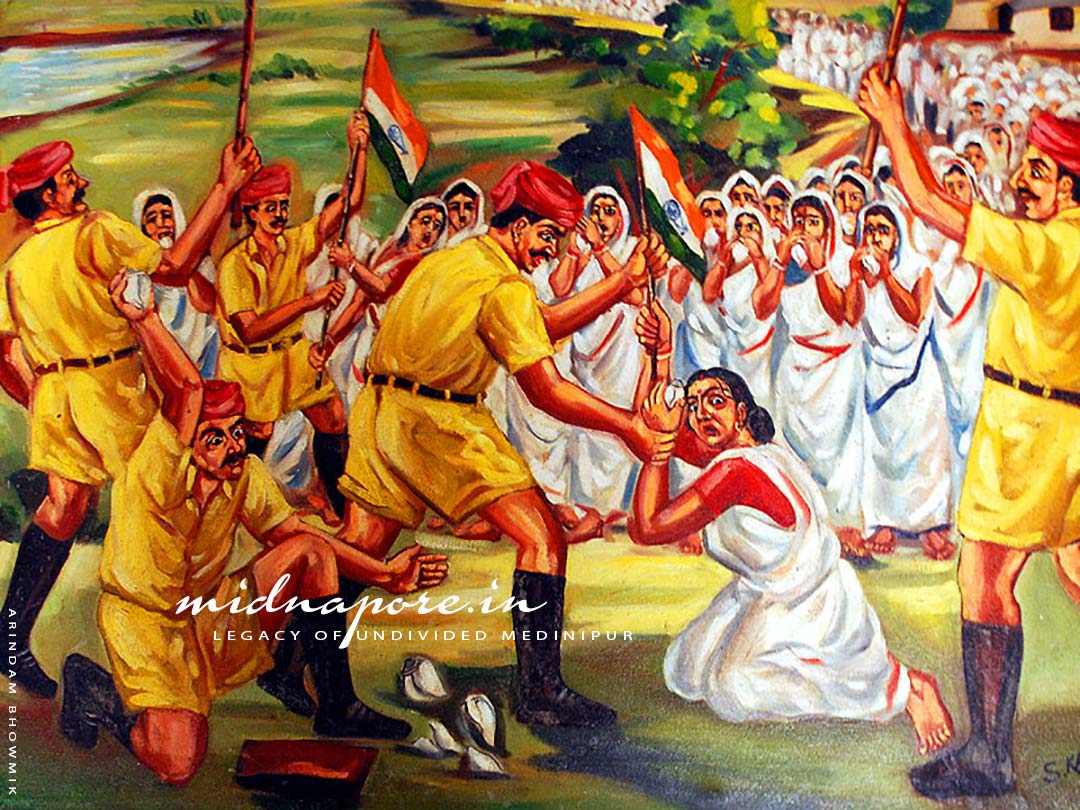 Procession by women of Midnapore with flag & Conch (1930). British police attacked the procession.