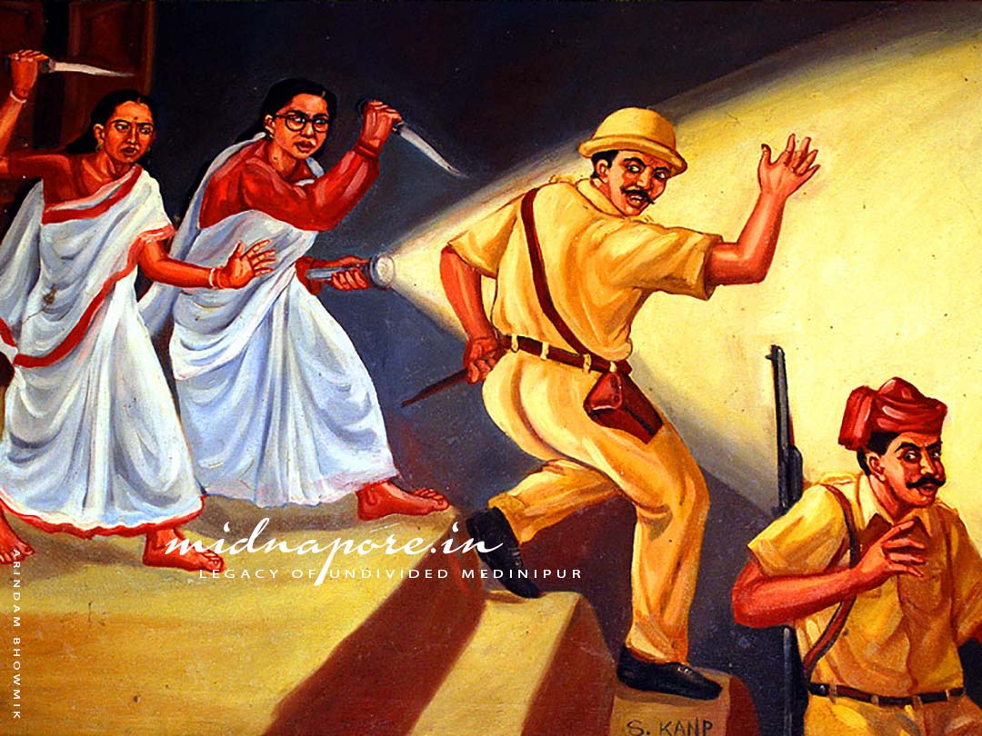 1942 – Midnight – Usha (Giribala) and Kumudini Dakua chasing police with daggers.